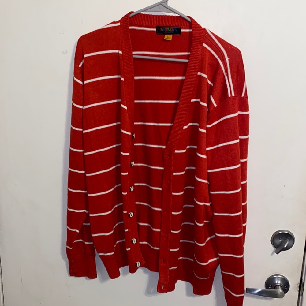 Red Cardigan with white stripes